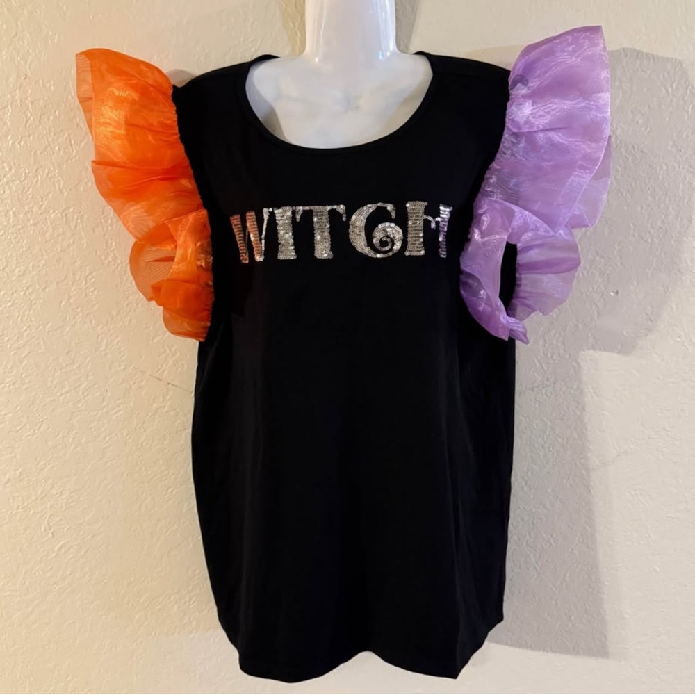Jess Lea Black Witch Top with Orange and Purple Ruffle Sleeves